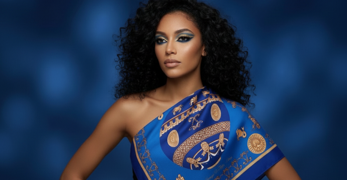 Femme portant un carré de soie bleu royal et or haut de gamme Lorenza Di Filippo